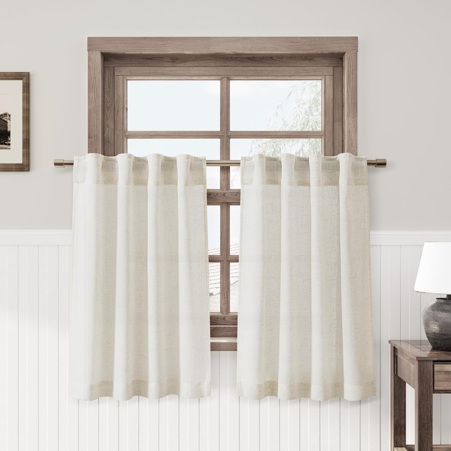 Nanspring Neutral Beige Tier Curtains 36 inch Small Window Curtains Light Filtering Short Curtains for Basement Bathroom Kitchen Cafe Curtains Farmhouse Rustic Rod Pocket Faux Linen 2 Panels